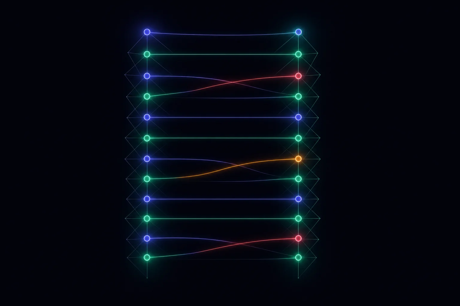 Two parallel lattices linked by lines between matching nodes, a few mismatches flaring — a permissions diff.