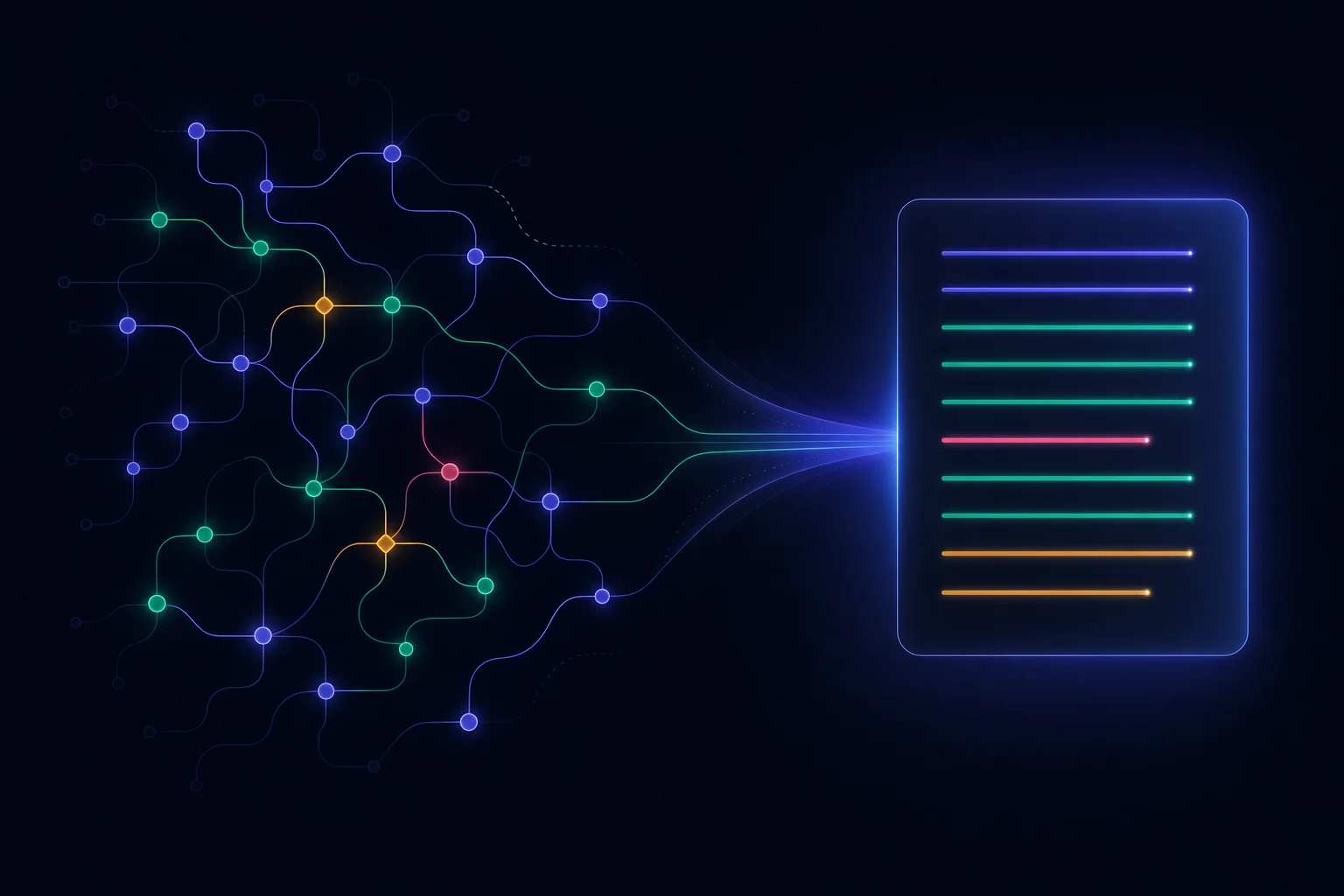 A tangled branching diagram resolving into a clean, ordered panel — an opaque flow turned into a description.