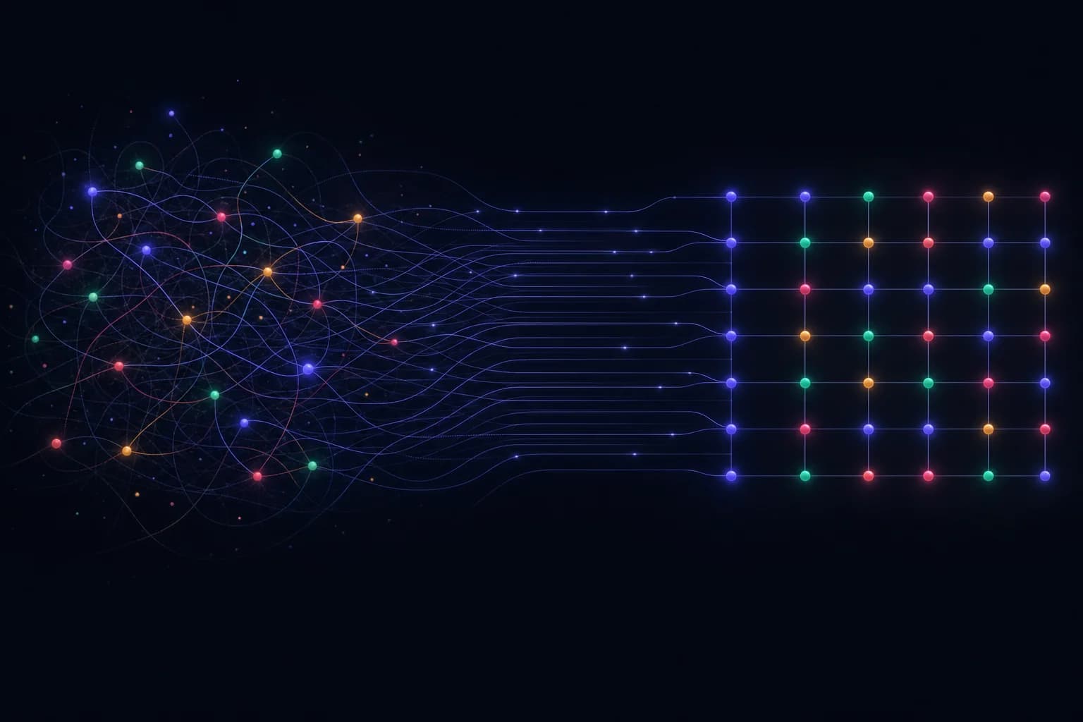 A tangled knot of crossed lines resolving into a clean, ordered lattice — an inherited org documented into clarity.