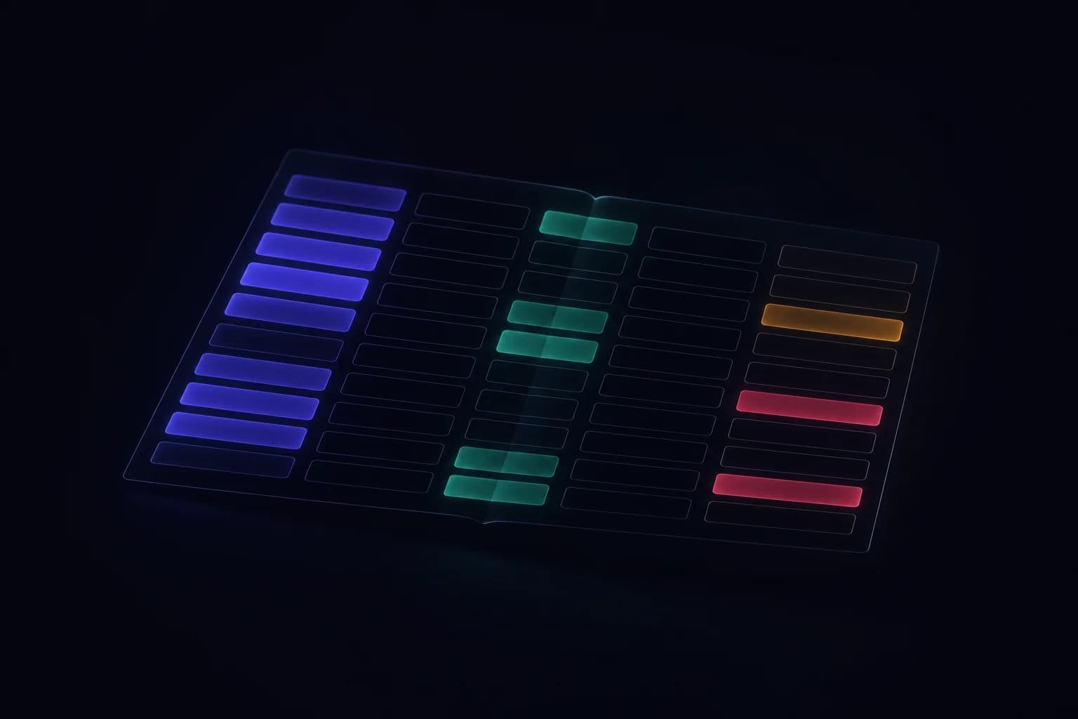 A ledger-like grid, some cells filled with warm light and some still bare — a nonprofit data dictionary half filled in.