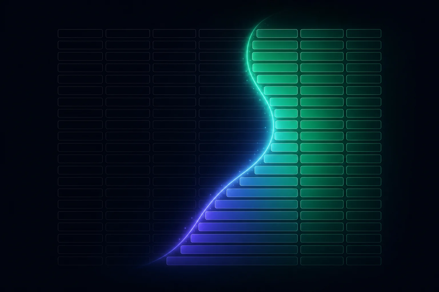 Rows of empty outline cells with a wave of light filling them in — blank field descriptions being documented.