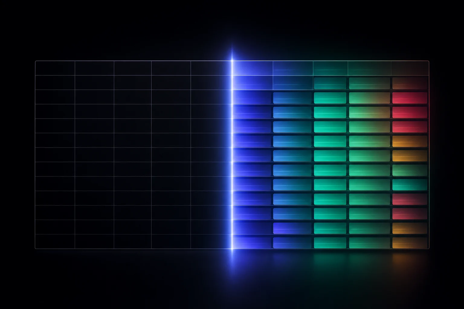 Bare cells on the left meeting glowing filled cells on the right — a data dictionary joining structure and meaning.