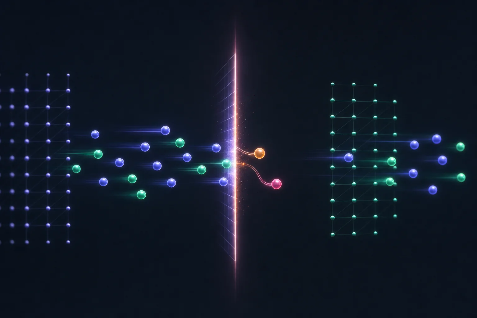 Components moving through a bright checkpoint, one or two held back at the gate — a vetted, staged release.