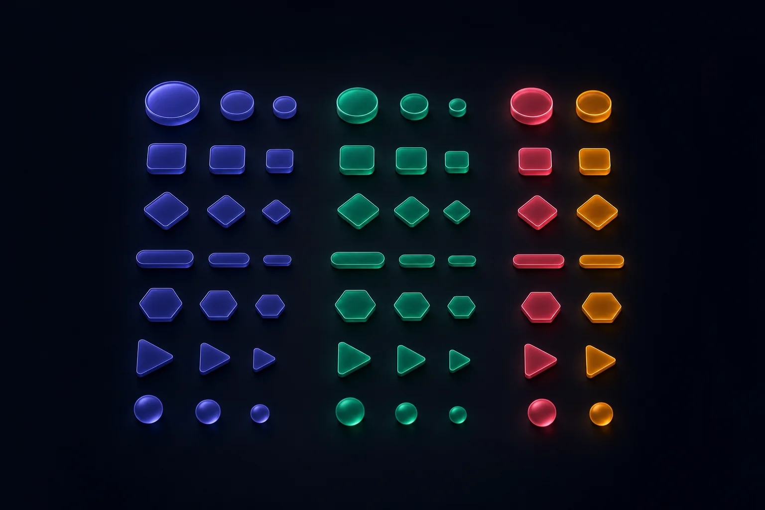 Small tokens of several distinct shapes sorted into groups, one or two flaring — a taxonomy of field types.