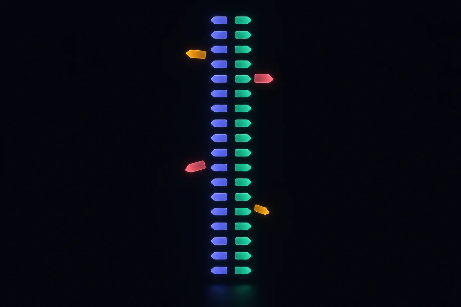 A column of uniform label tokens, a scattered few misshapen and flaring — a naming standard and its outliers.
