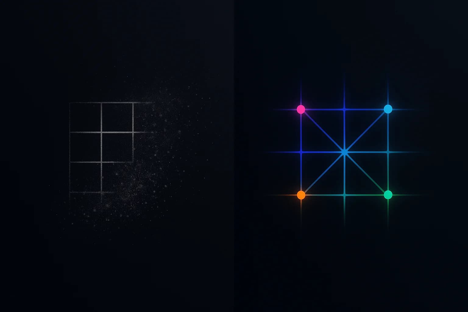 A faded grid crumbling to dust beside a crisp, glowing lattice — stale documentation versus a living one.